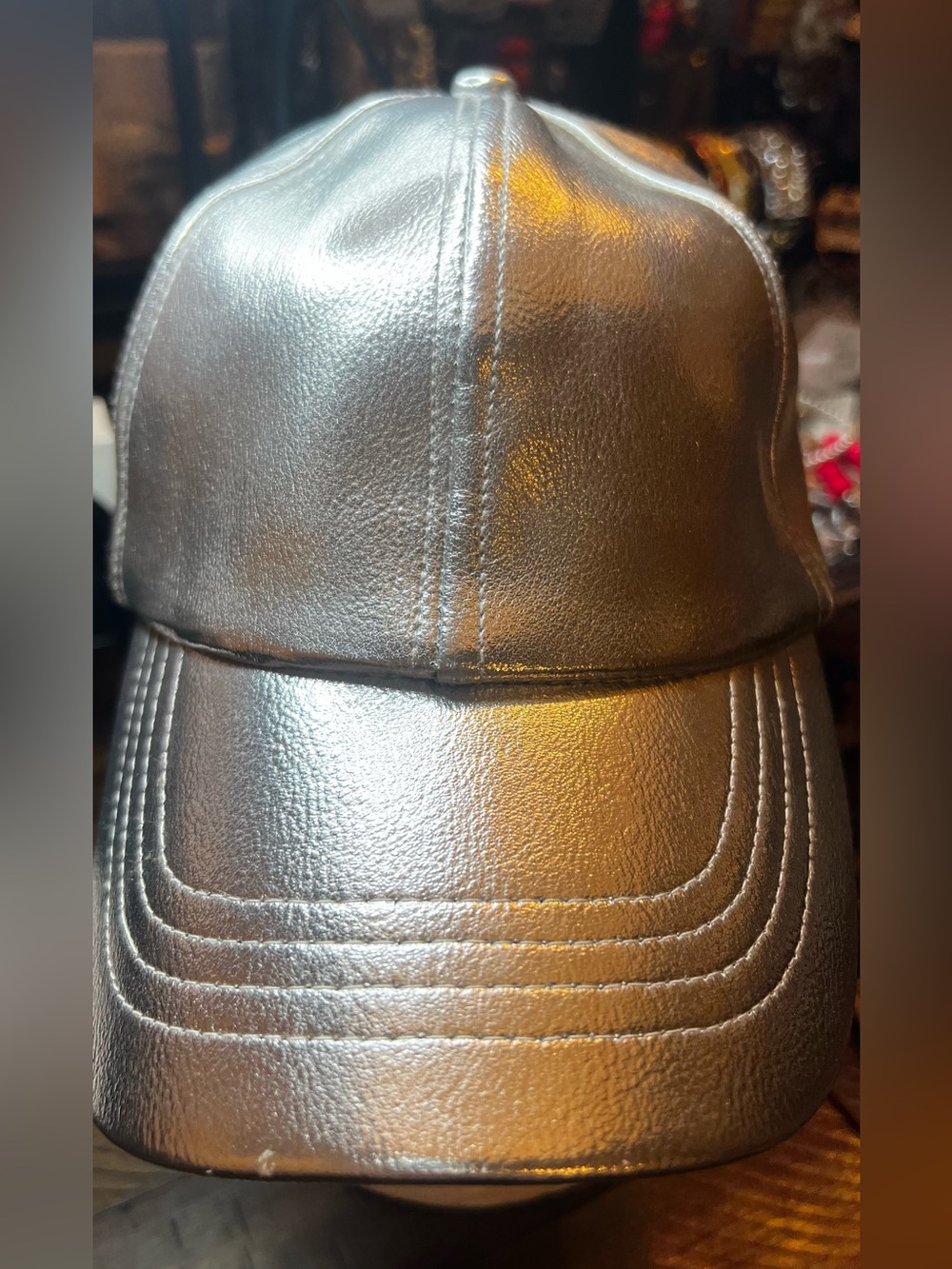 Metallic Silver Leather-Look Baseball Cap